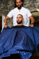 BSC14-BLEWHT-The -Barber-Cape-Red-With-White-Pinstripe-Model-Image-3.png